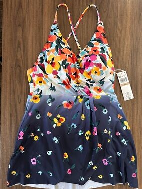 NWT Anne Cole Girls' One-Piece Swim Dress - Navy with Multicolor Floral 12